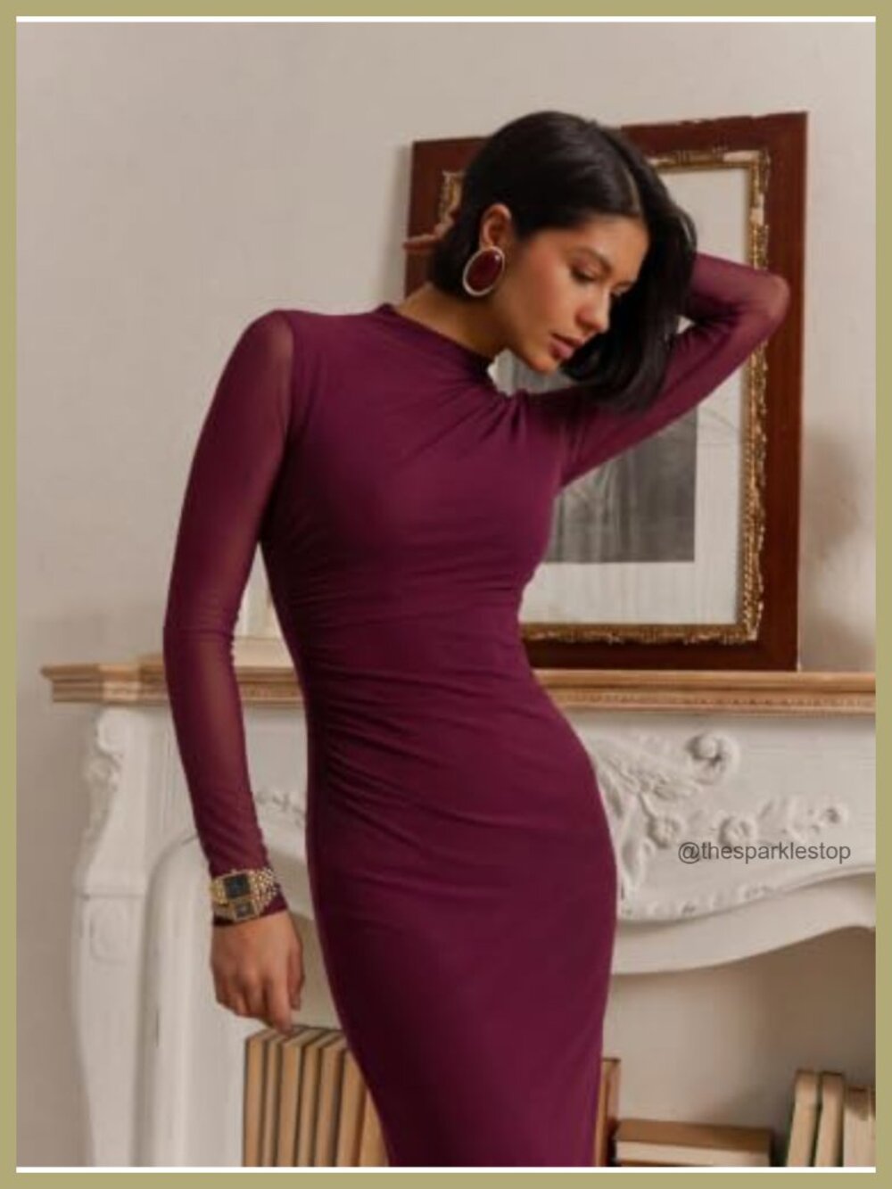 Mesh Sheer Long Sleeve Bodycon Midi Dress, Mock Neck Wedding Guest Cocktail - Picture 2 of 6